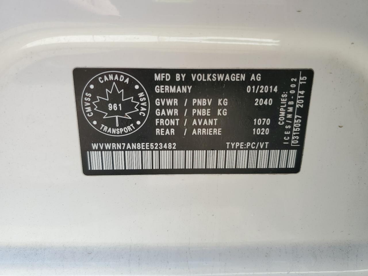 2014 Volkswagen Cc Luxury VIN: WVWRN7AN8EE523482 Lot: 60967425