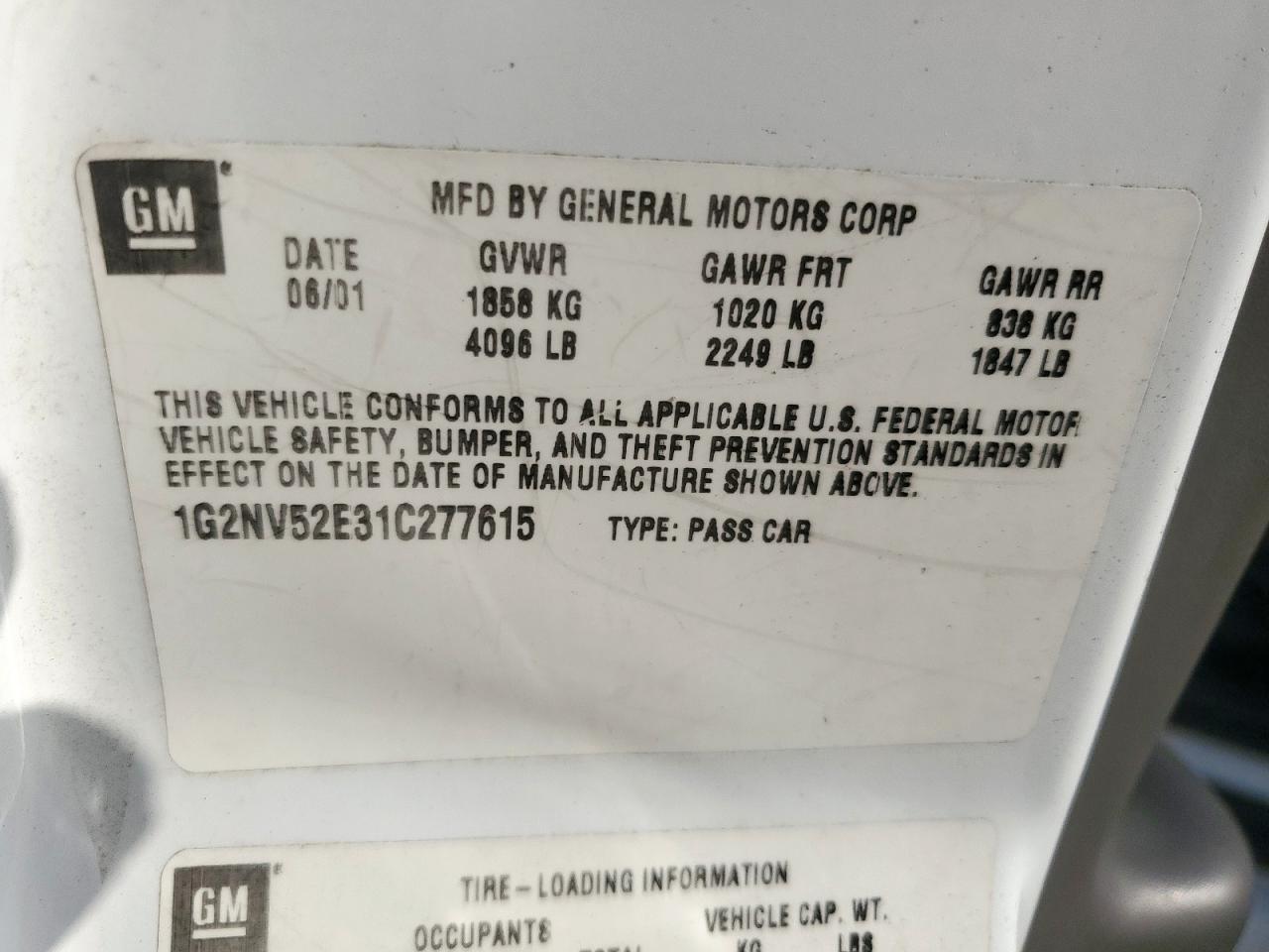 2001 Pontiac Grand Am Gt1 VIN: 1G2NV52E31C277615 Lot: 61848275