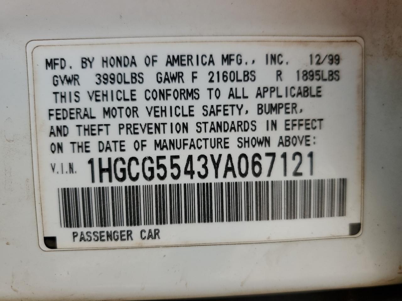 2000 Honda Accord Lx VIN: 1HGCG5543YA067121 Lot: 61614415