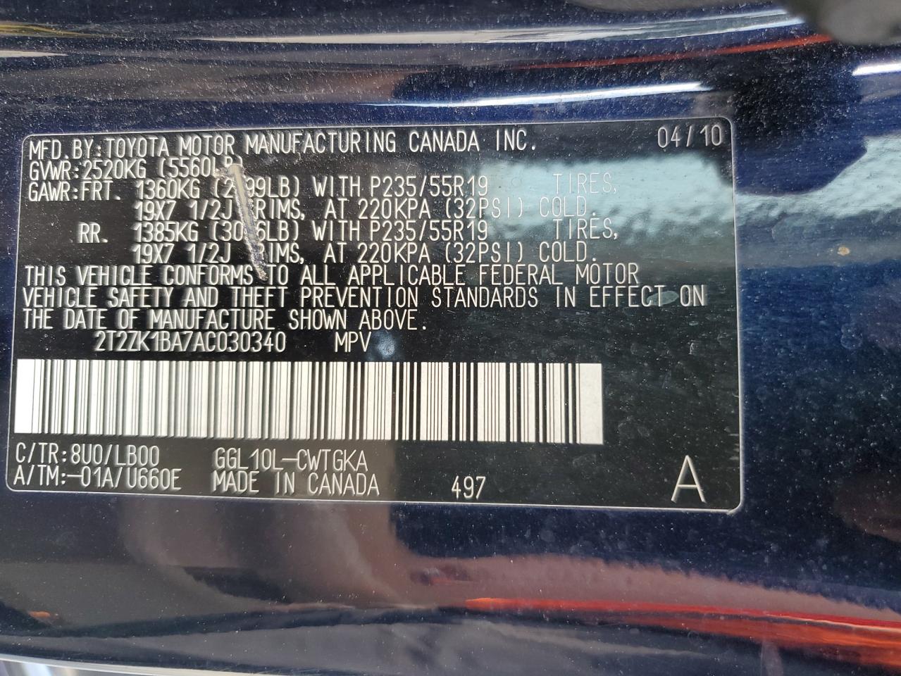 2010 Lexus Rx 350 VIN: 2T2ZK1BA7AC030340 Lot: 62691035