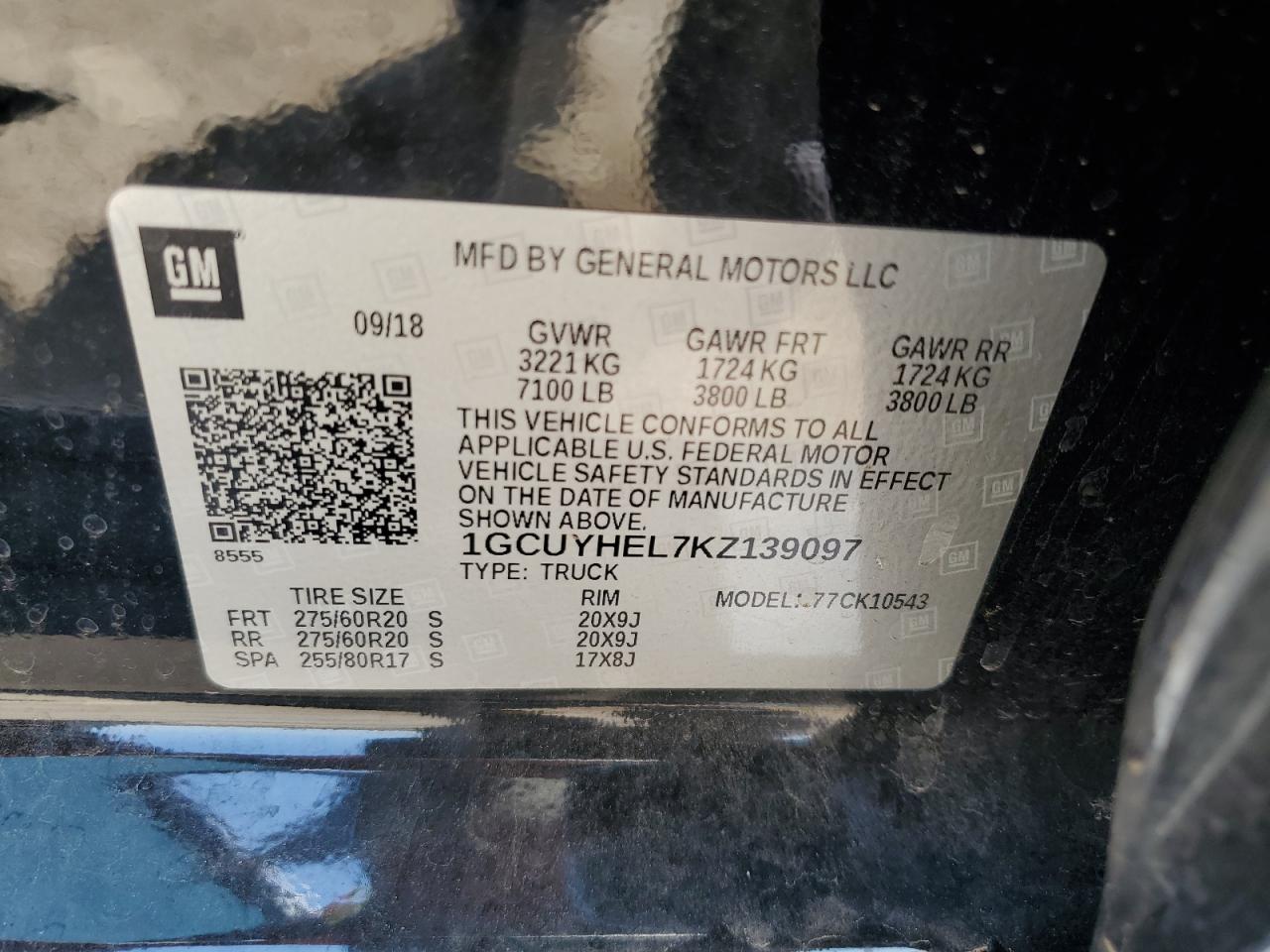 2019 Chevrolet Silverado K1500 High Country VIN: 1GCUYHEL7KZ139097 Lot: 61666755