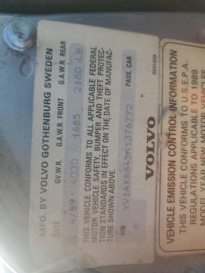 1989 Volvo 244 Dl VIN: YV1AX8845K1376772 Lot: 62405735