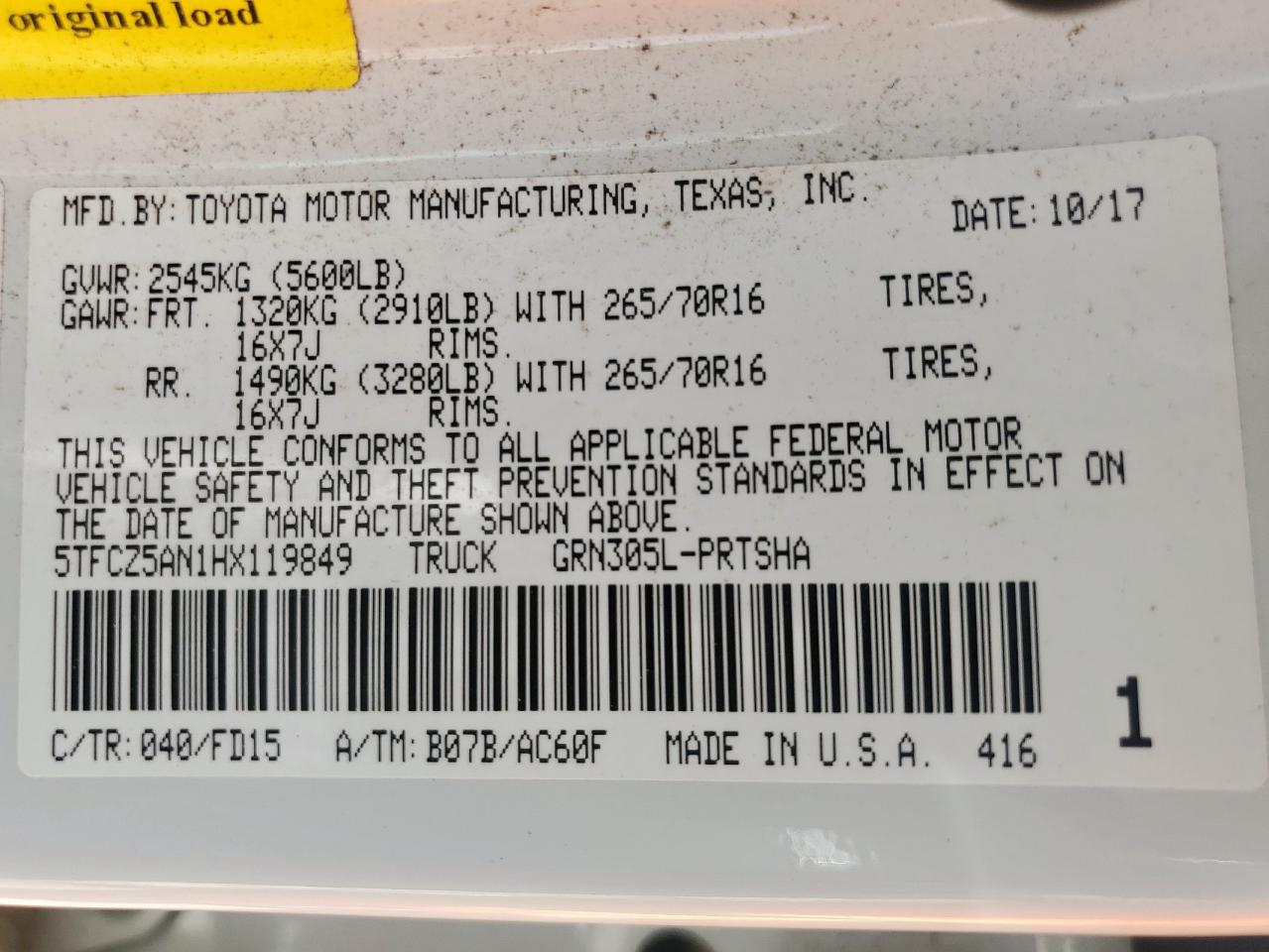 5TFCZ5AN1HX119849 TOYOTA TACOMA 2017