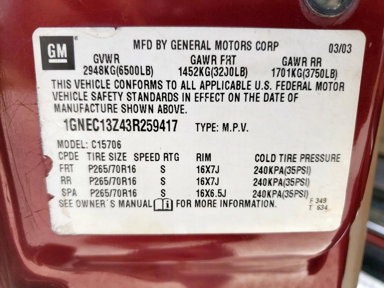 2003 Chevrolet Tahoe C1500 VIN: 1GNEC13Z43R259417 Lot: 61485445