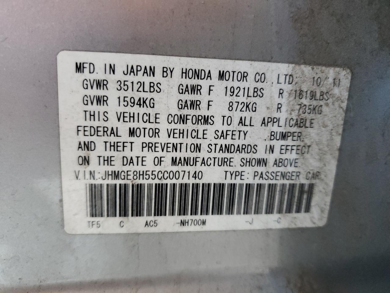 2012 Honda Fit Sport VIN: JHMGE8H55CC007140 Lot: 62779345