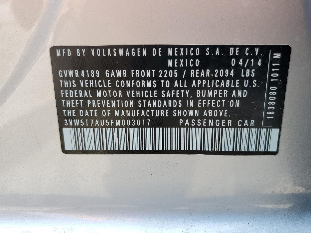 2015 Volkswagen Gti VIN: 3VW5T7AU5FM003017 Lot: 60958655