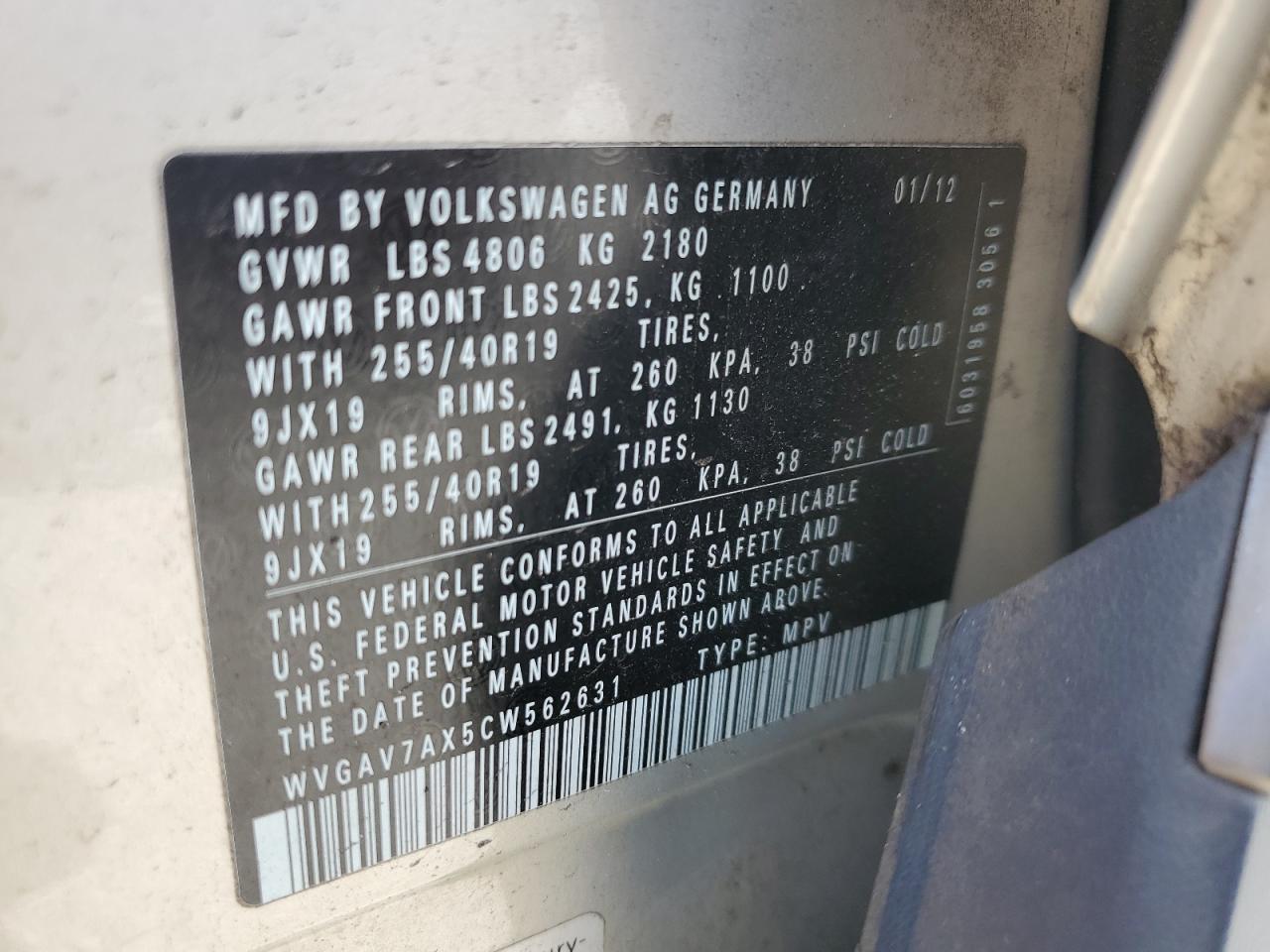 2012 Volkswagen Tiguan S VIN: WVGAV7AX5CW562631 Lot: 61626115