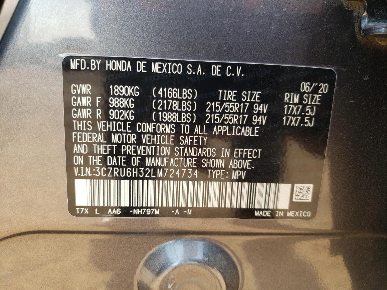 3CZRU6H32LM724734 HONDA HR-V 2020