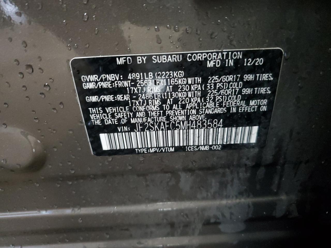 2021 Subaru Forester Premium VIN: JF2SKAFC5MH483584 Lot: 62668375
