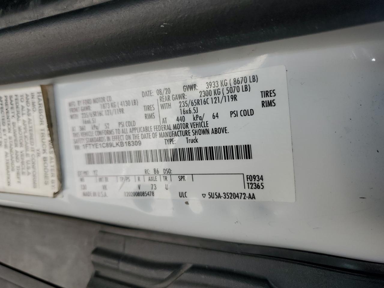 1FTYE1C89LKB18309 FORD TRANSIT 2020