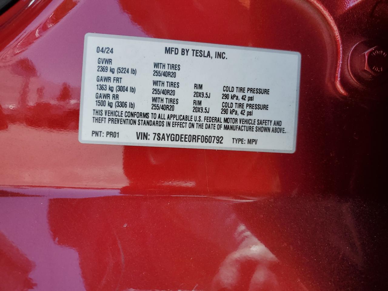 2024 Tesla Model Y VIN: 7SAYGDEE0RF060792 Lot: 61470355