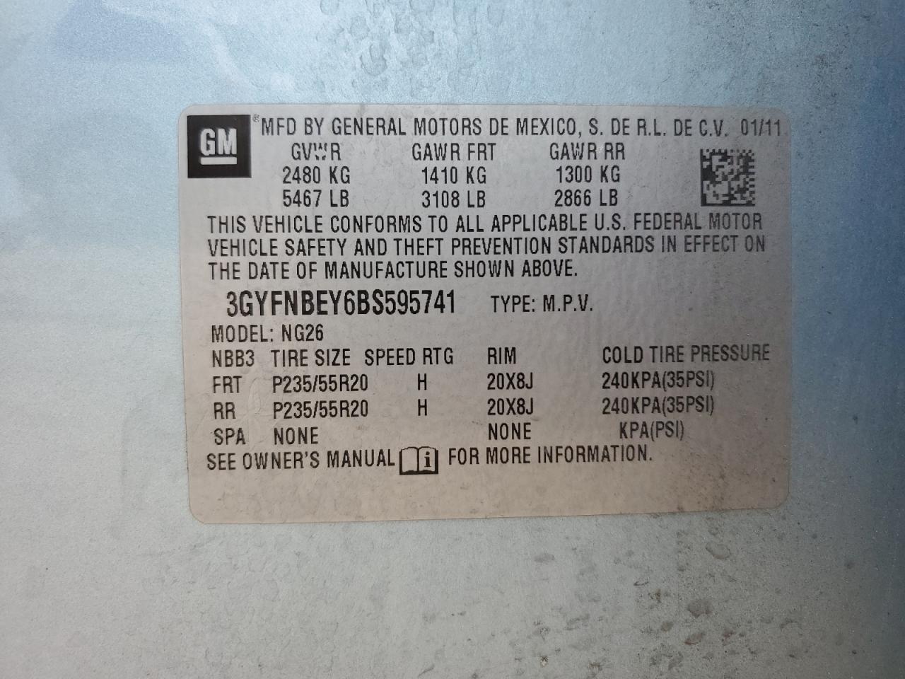 2011 Cadillac Srx Performance Collection VIN: 3GYFNBEY6BS595741 Lot: 60104025