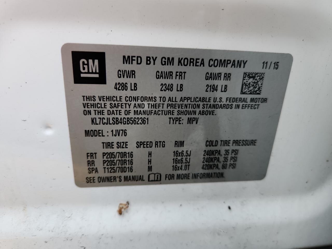 KL7CJLSB4GB562361 CHEVROLET TRAX 2016