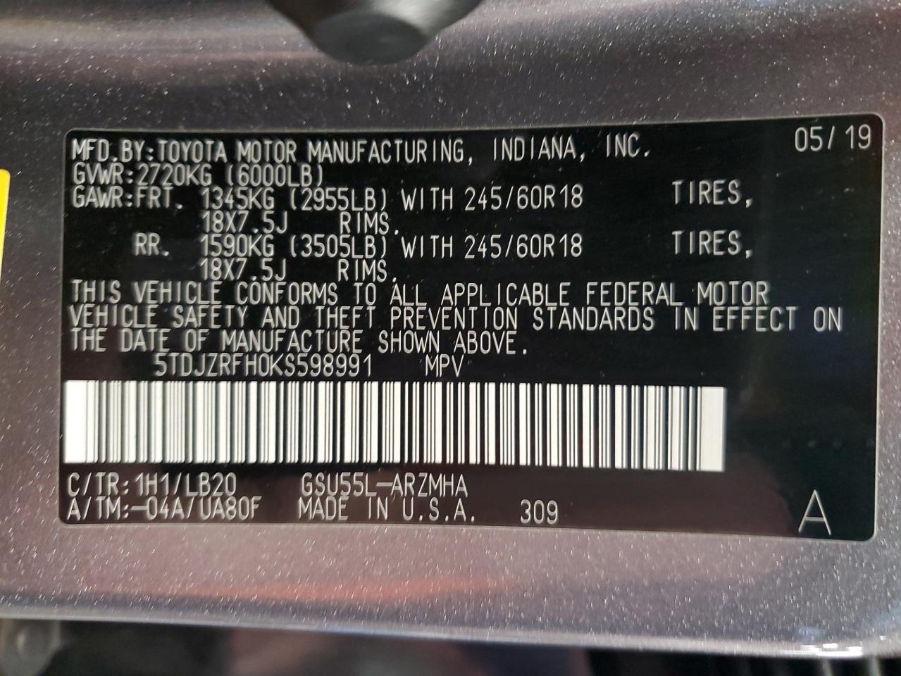 2019 Toyota Highlander Se VIN: 5TDJZRFH0KS598991 Lot: 62814595