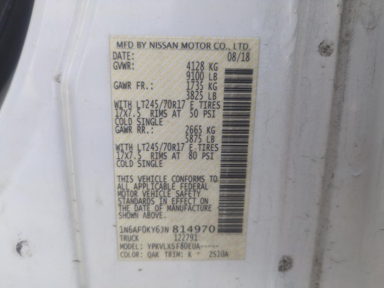 2018 Nissan Nv 2500 S VIN: 1N6AF0KY6JN814970 Lot: 60816945