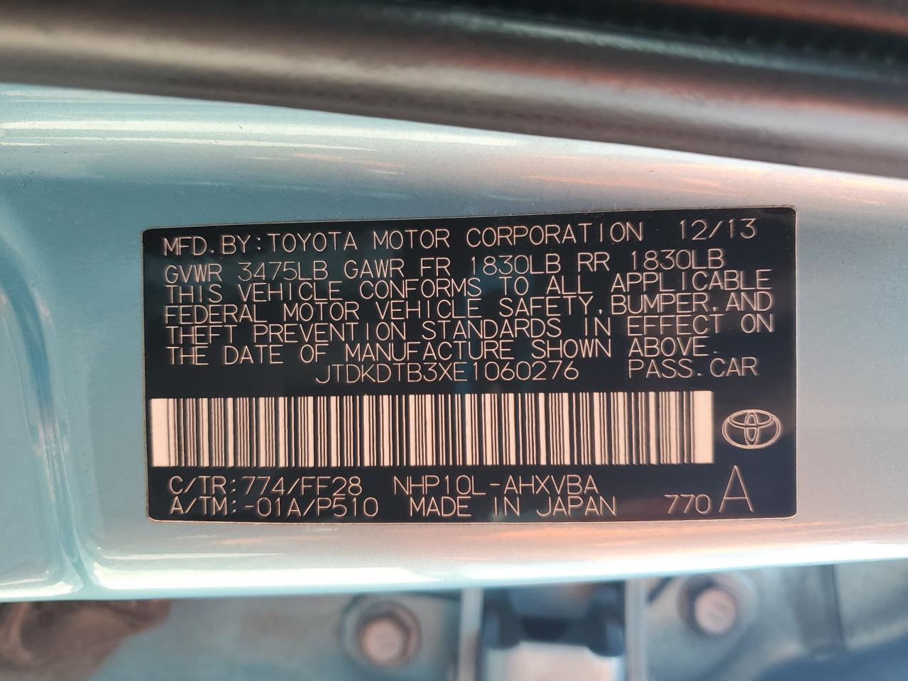 2014 Toyota Prius C VIN: JTDKDTB3XE1060276 Lot: 60109285
