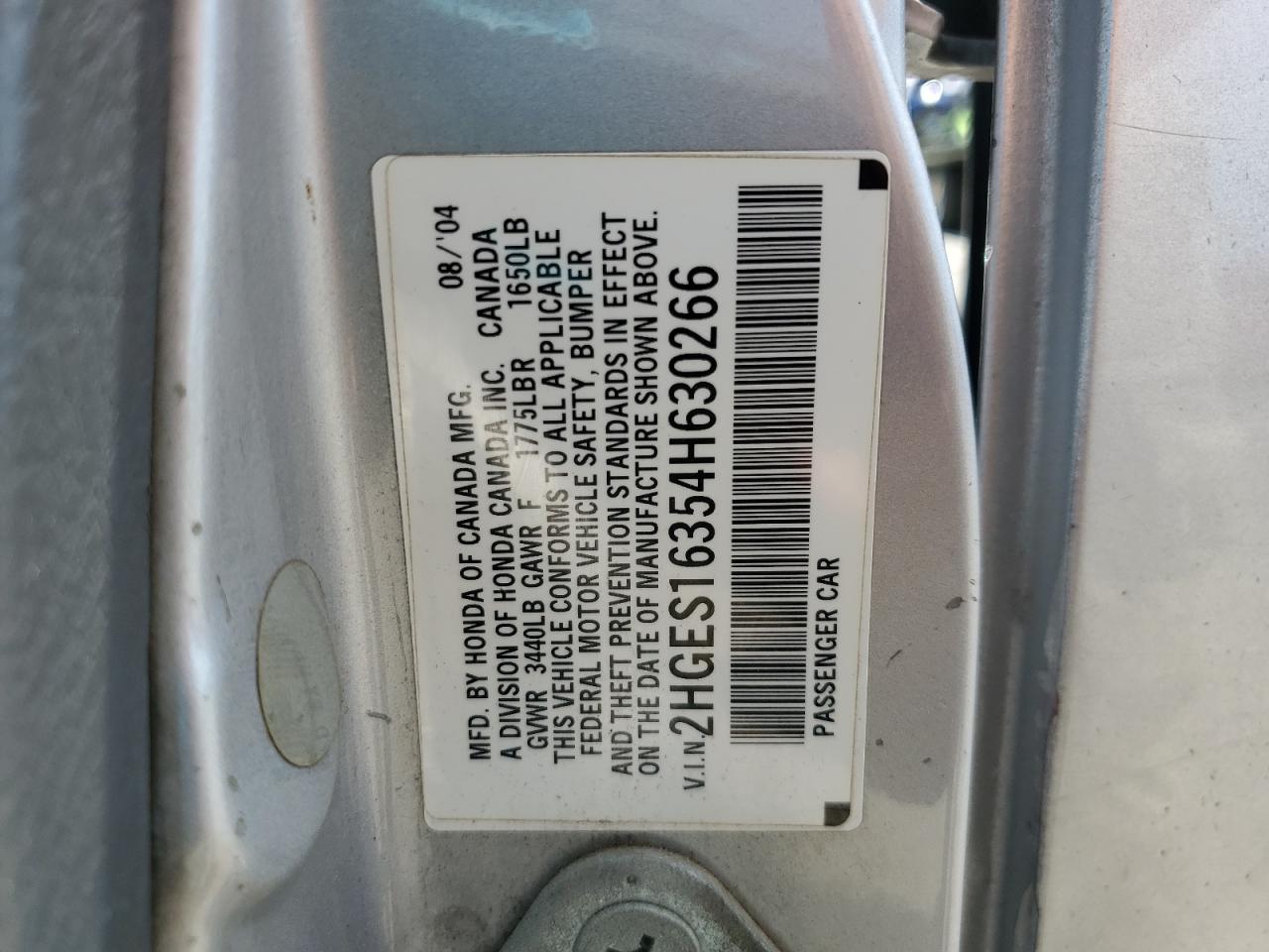 2004 Honda Civic Dx Vp VIN: 2HGES16354H630266 Lot: 60874195