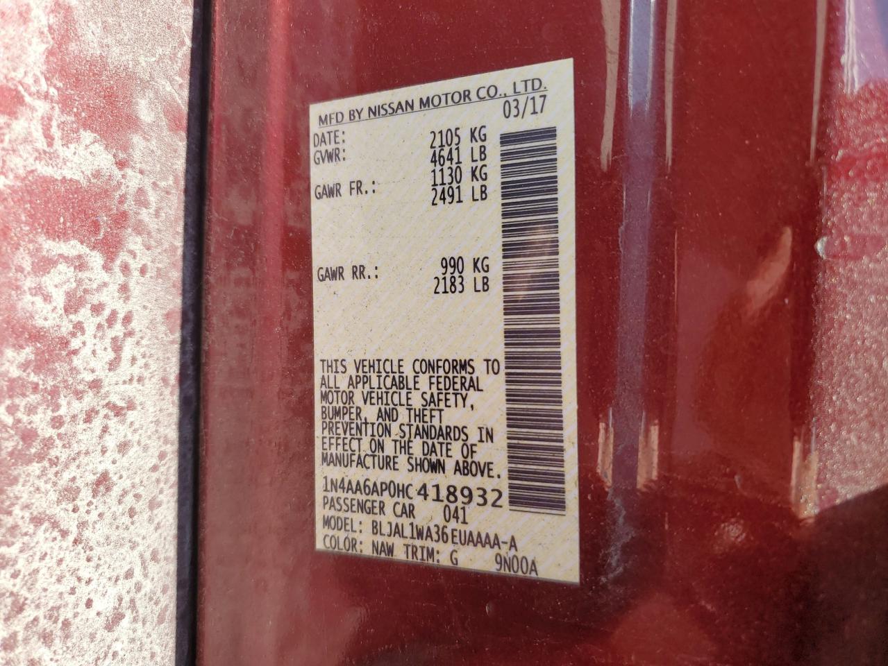 1N4AA6AP0HC418932 NISSAN MAXIMA 2017