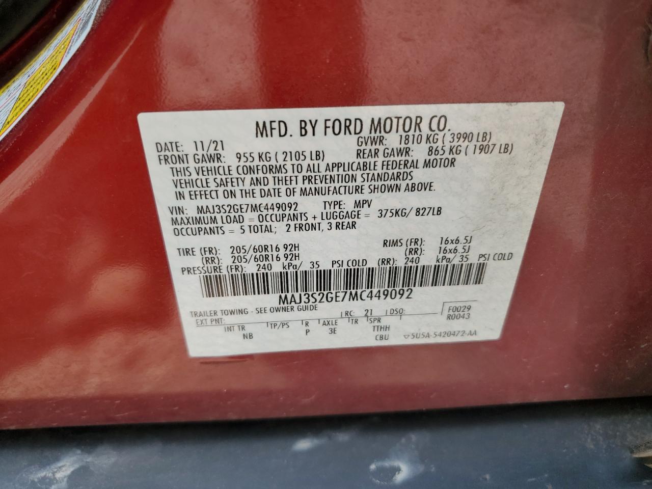 2021 Ford Ecosport Se VIN: MAJ3S2GE7MC449092 Lot: 62595175