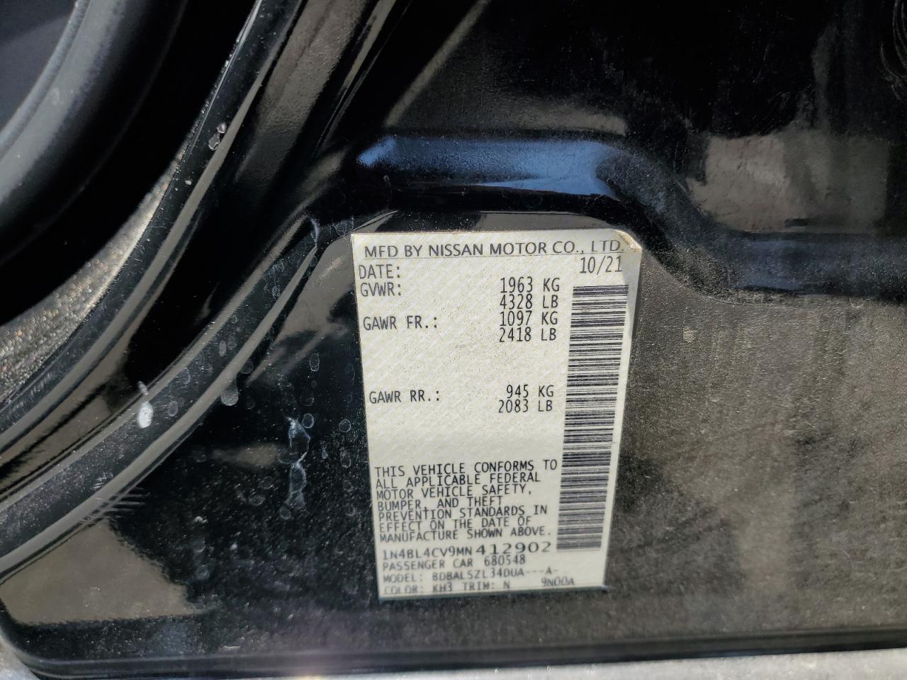 2021 Nissan Altima Sr VIN: 1N4BL4CV9MN412902 Lot: 62746495