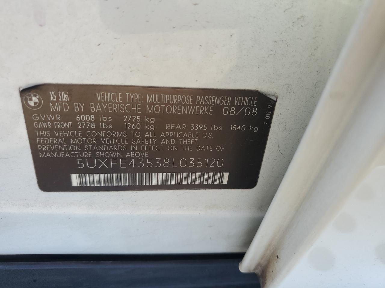 2008 BMW X5 3.0I VIN: 5UXFE43538L035120 Lot: 62962545