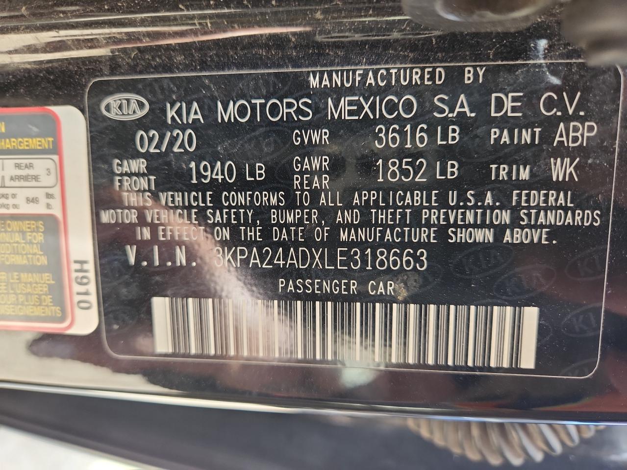 2020 Kia Rio Lx VIN: 3KPA24ADXLE318663 Lot: 62851175
