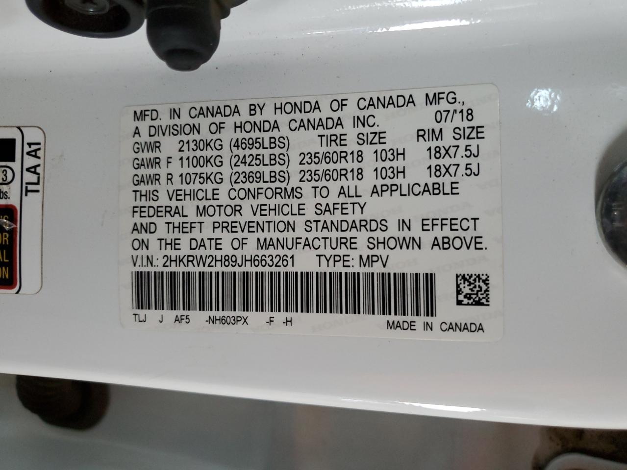 2HKRW2H89JH663261 HONDA CRV 2018