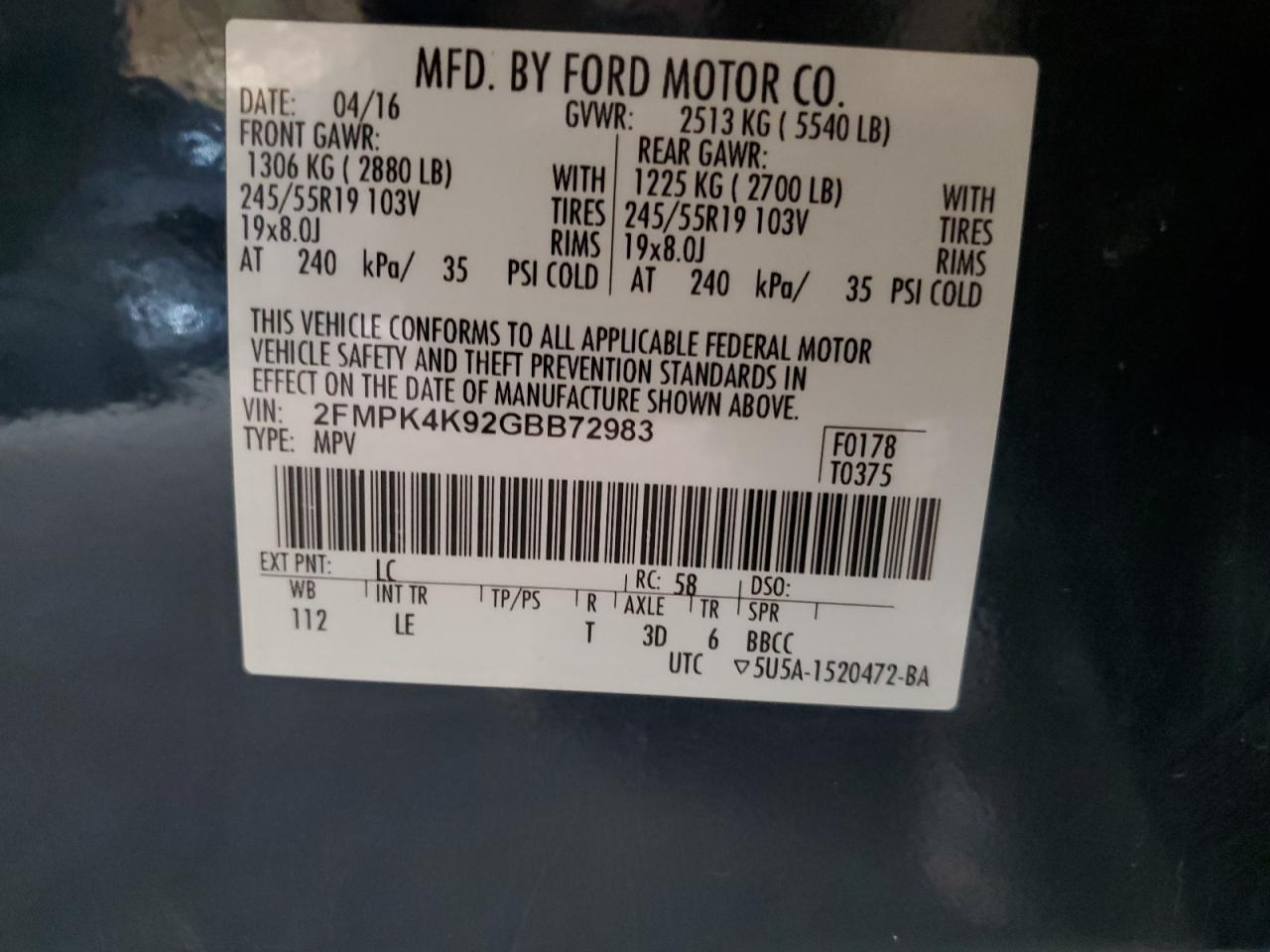 2FMPK4K92GBB72983 FORD EDGE 2016