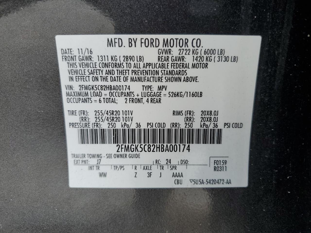 2017 Ford Flex Sel VIN: 2FMGK5C82HBA00174 Lot: 63079665
