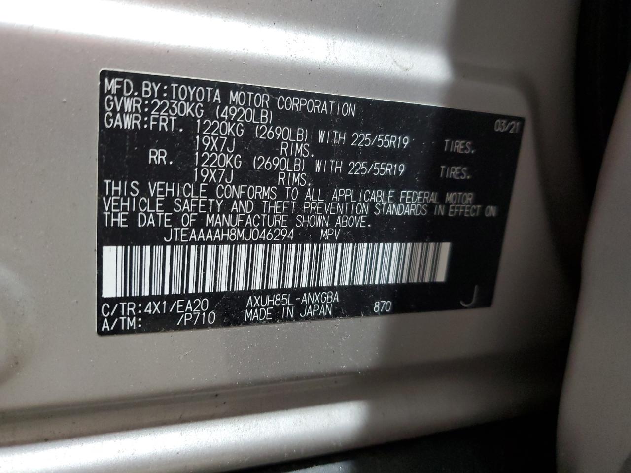 2021 Toyota Venza Le VIN: JTEAAAAH8MJ046294 Lot: 62492005