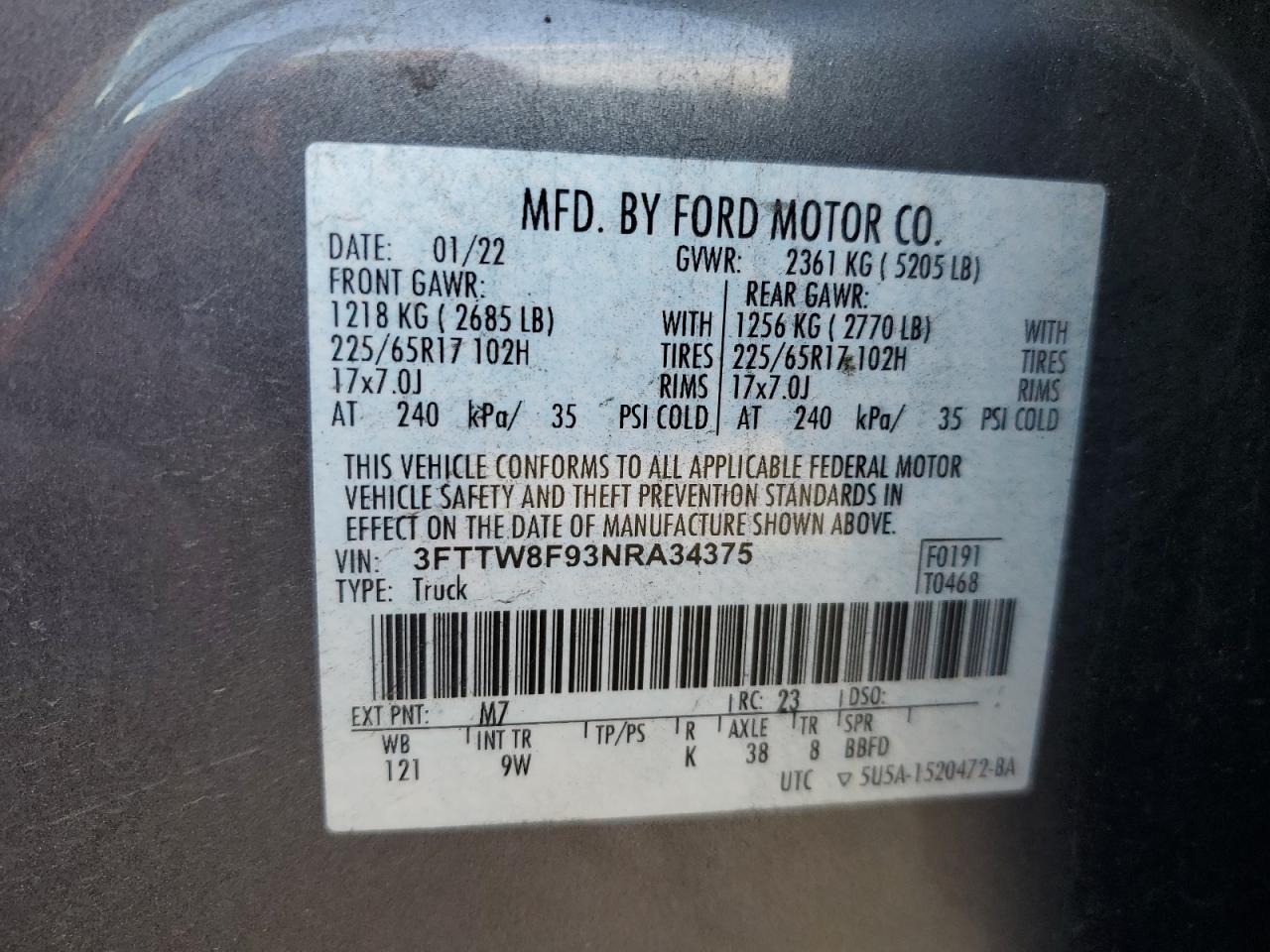 2022 Ford Maverick Xl VIN: 3FTTW8F93NRA34375 Lot: 61914205