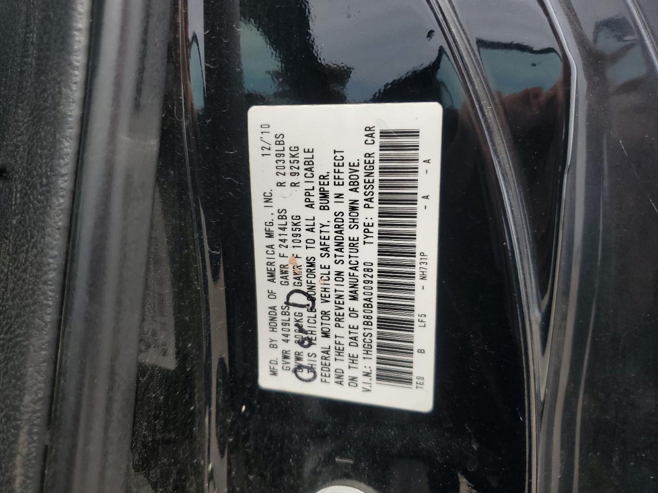 2011 Honda Accord Exl VIN: 1HGCS1B80BA009280 Lot: 61229655