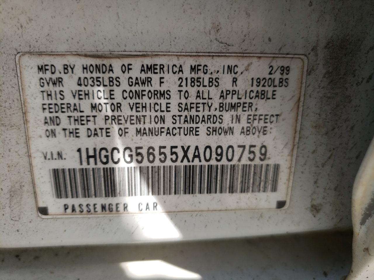 1999 Honda Accord Ex VIN: 1HGCG5655XA090759 Lot: 61659075
