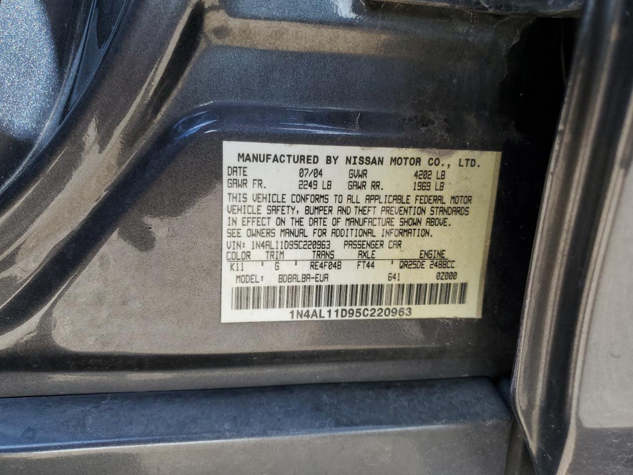 NISSAN ALTIMA 2005 VIN 1N4AL11D95C220963 фото 12