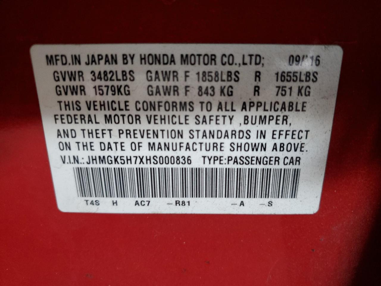 JHMGK5H7XHS000836 HONDA FIT 2017