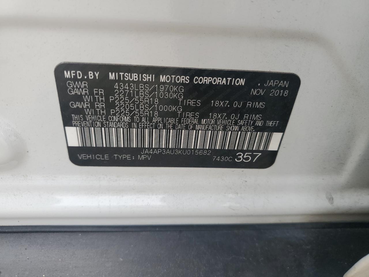 2019 Mitsubishi Outlander Sport Es VIN: JA4AP3AU3KU015682 Lot: 62264095