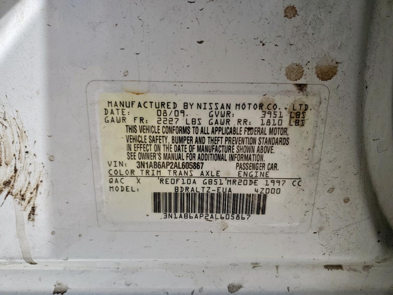 2010 Nissan Sentra 2.0 VIN: 3N1AB6AP2AL605867 Lot: 62719005