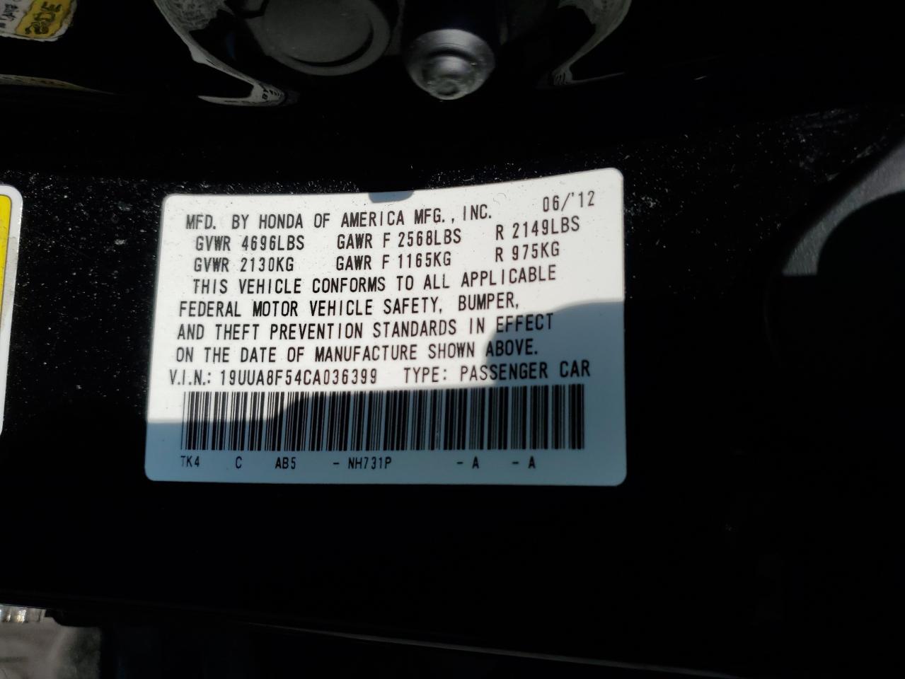 2012 Acura Tl VIN: 19UUA8F54CA036399 Lot: 59220775