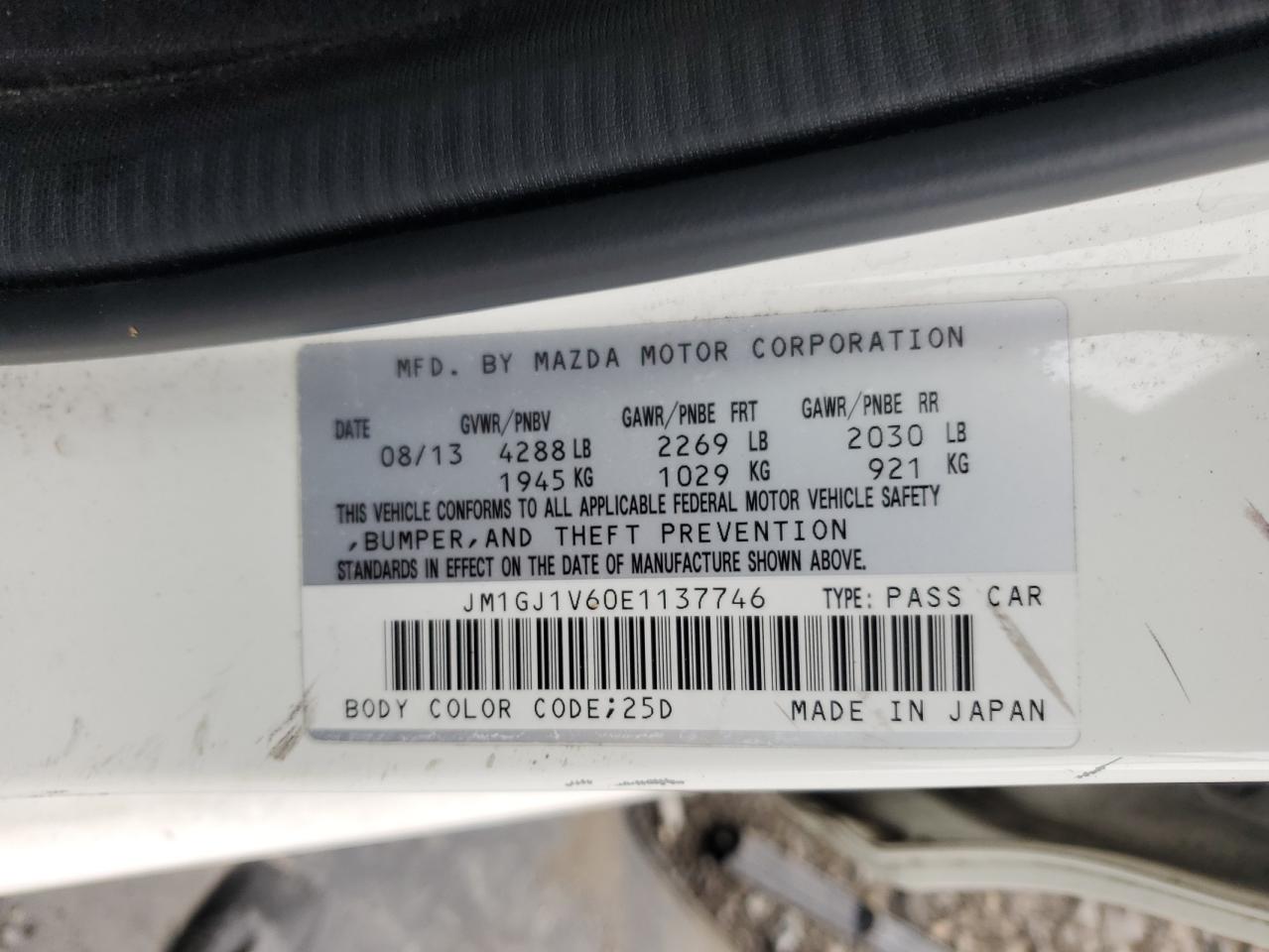2014 Mazda 6 Touring VIN: JM1GJ1V60E1137746 Lot: 62644875