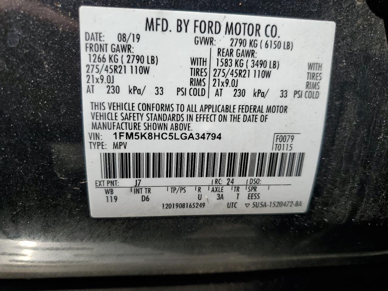 1FM5K8HC5LGA34794 FORD EXPLORER 2020