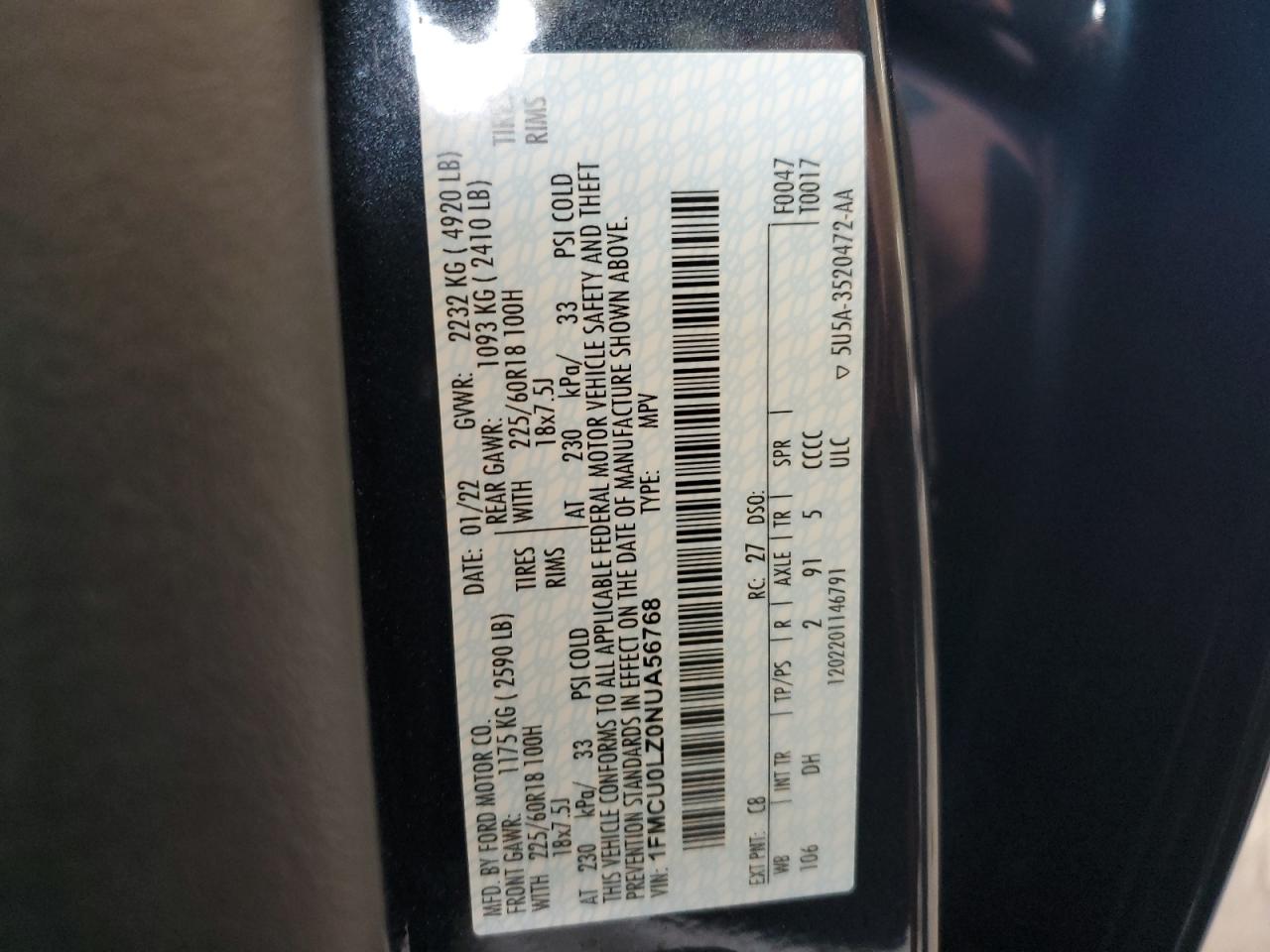 2022 Ford Escape Titanium VIN: 1FMCU0LZ0NUA56768 Lot: 62533605