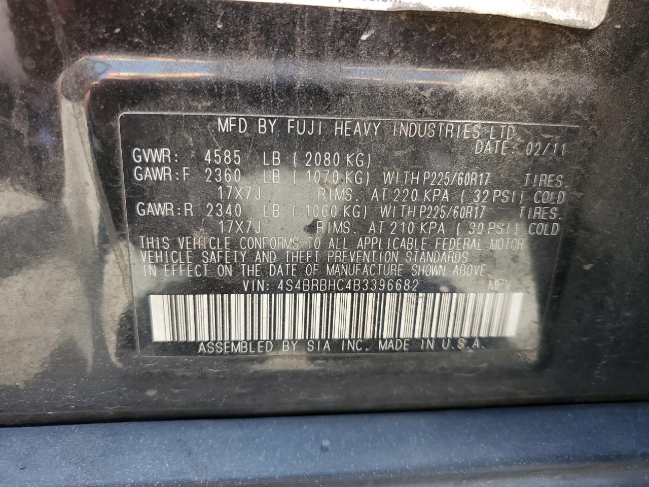2011 Subaru Outback 2.5I Premium VIN: 4S4BRBHC4B3396682 Lot: 63266015
