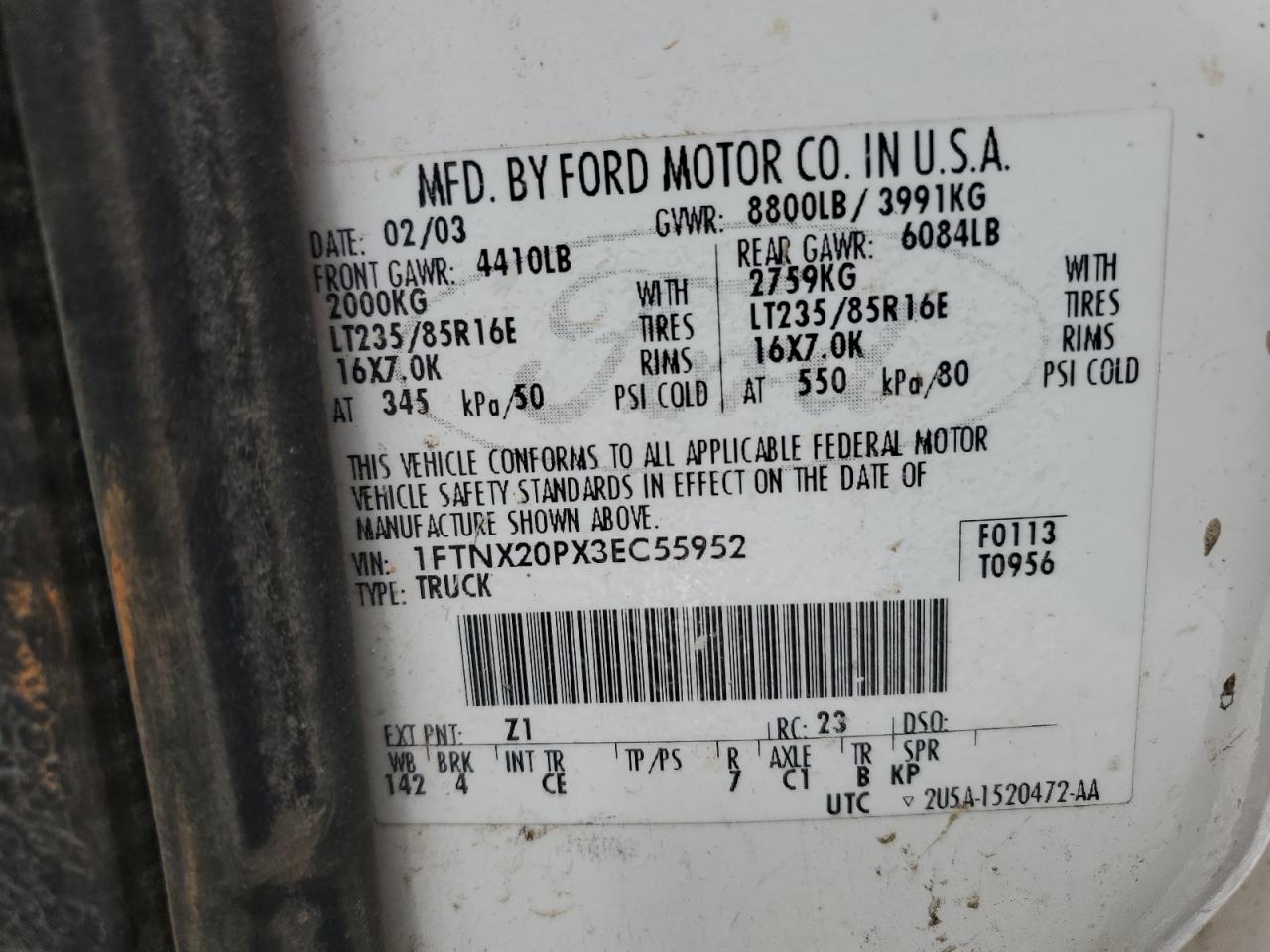 2003 Ford F250 Super Duty VIN: 1FTNX20PX3EC55952 Lot: 57332365