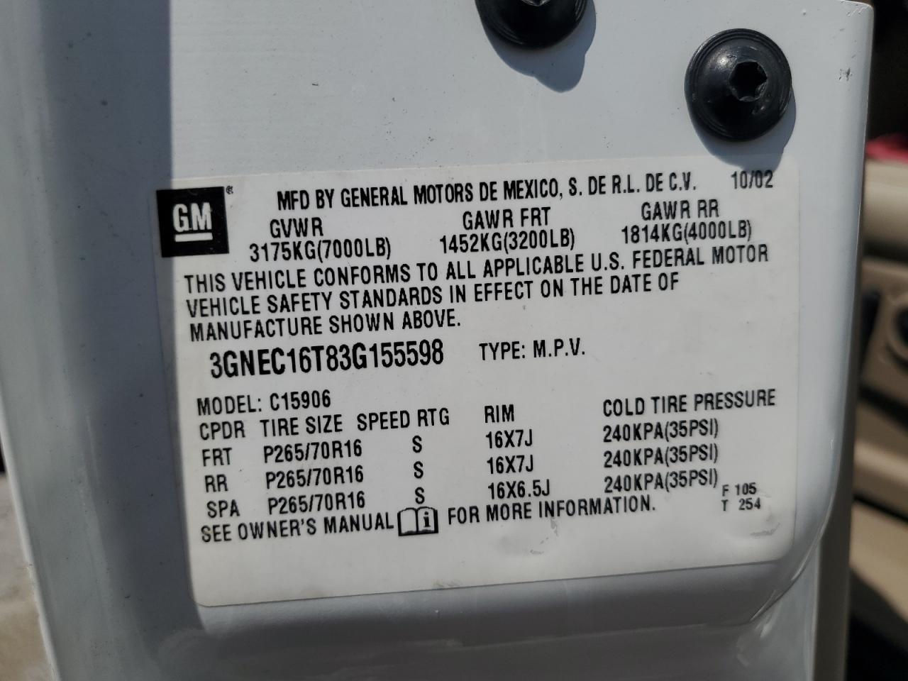 2003 Chevrolet Suburban C1500 VIN: 3GNEC16T83G155598 Lot: 92462285