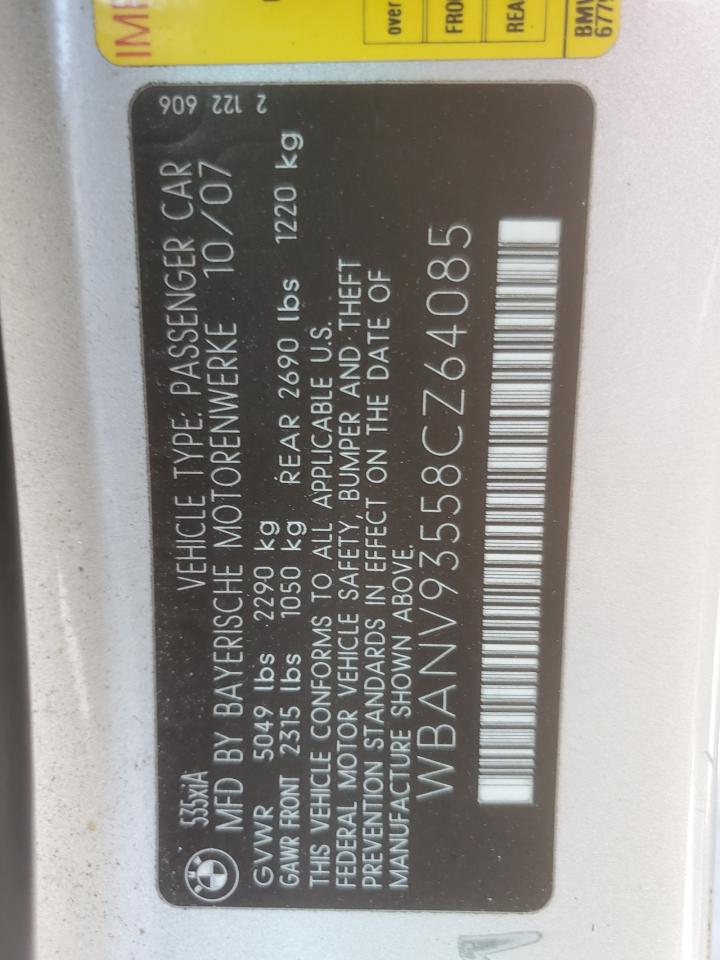 2008 BMW 535 Xi VIN: WBANV93558CZ64085 Lot: 62058145