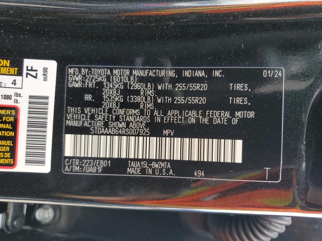 2024 Lexus Tx 350 Base VIN: 5TDAAAB64RS007925 Lot: 60975585