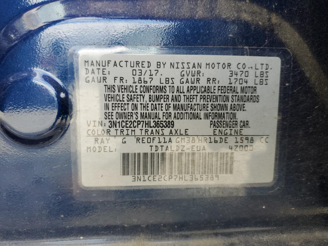 3N1CE2CP7HL365389 NISSAN VERSA 2017