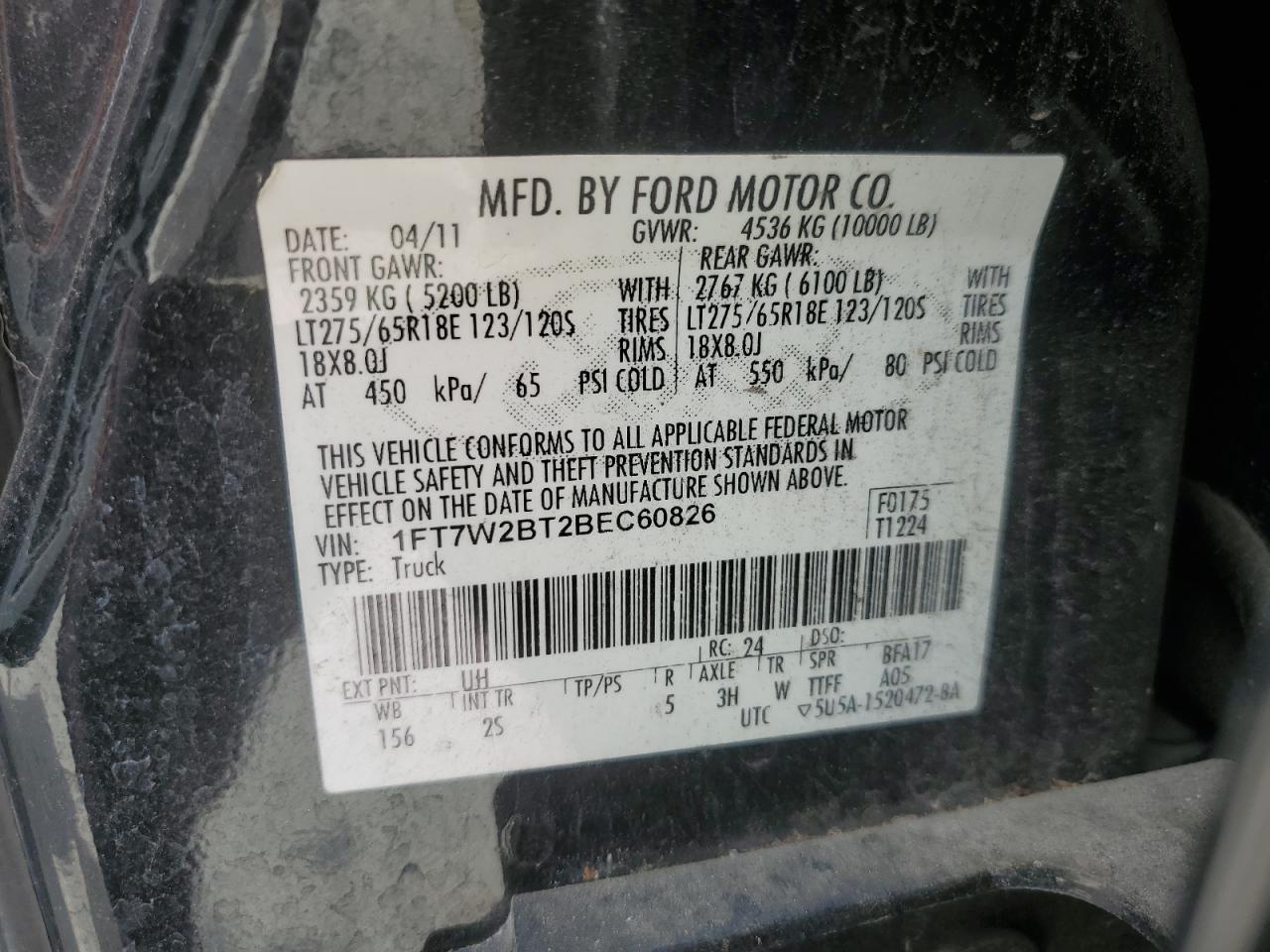 2011 Ford F250 Super Duty VIN: 1FT7W2BT2BEC60826 Lot: 61032225