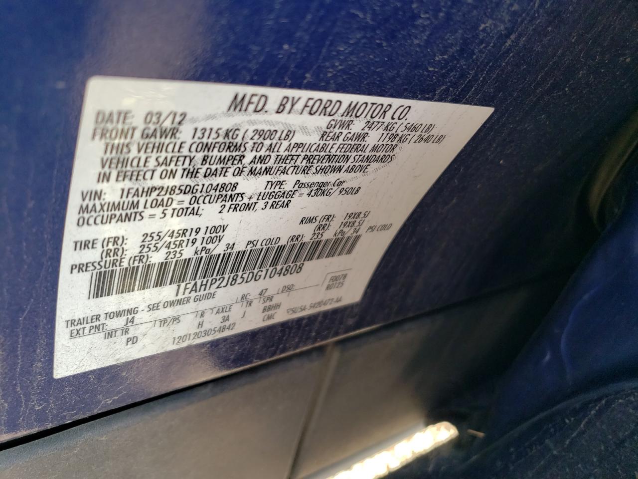 2013 Ford Taurus Limited VIN: 1FAHP2J85DG104808 Lot: 62137945