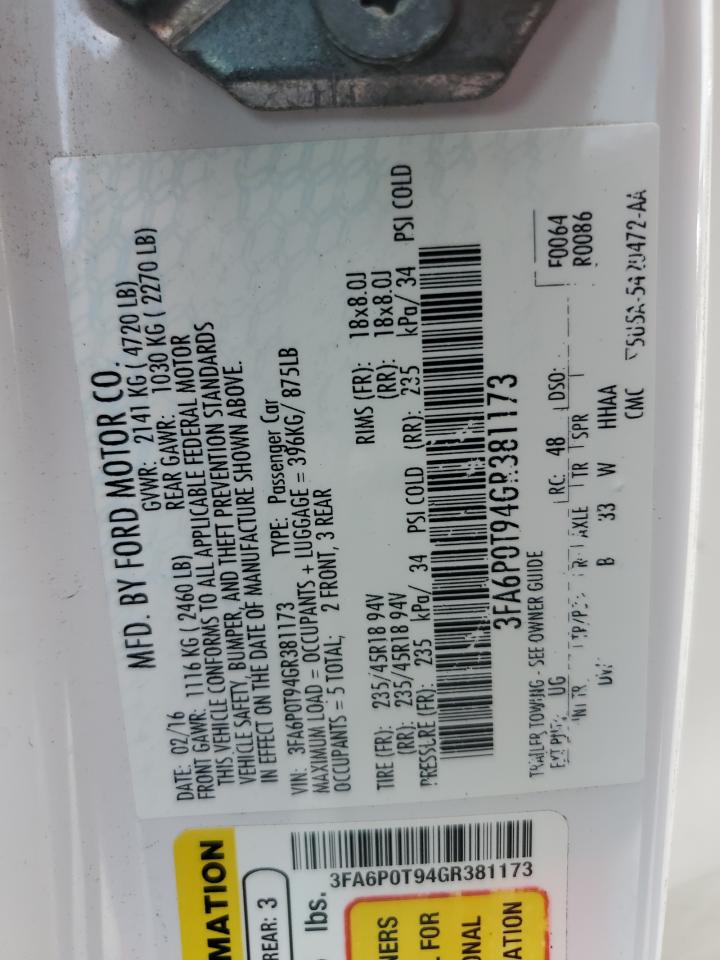 3FA6P0T94GR381173 FORD FUSION 2016